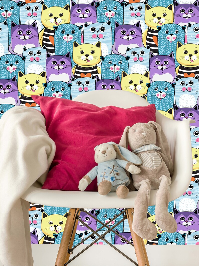 Removable Nursery Wallpaper Mural Peel & Stick Cute Cats - Etsy
