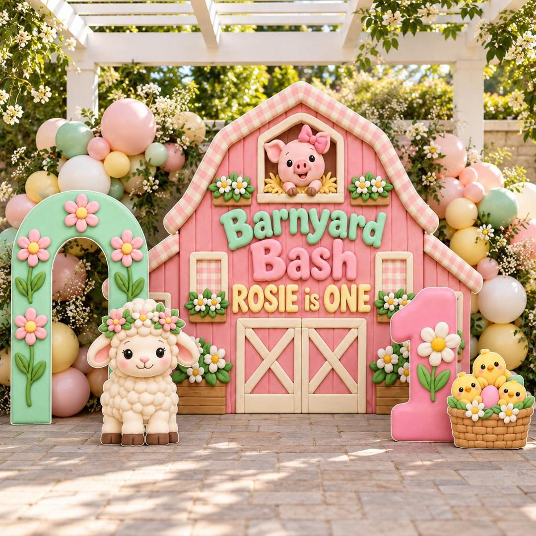 Barnyard Bash Girl First Birthday Backdrop, Personalized 3D Look Pink ...