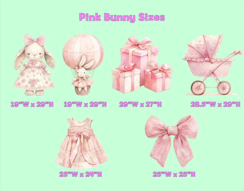 May include: Pink bunny themed party decorations in various sizes.  A pink bunny with a floral dress, a hot air balloon with a bunny inside, a pink bow, a gift box set, and a pink stroller.