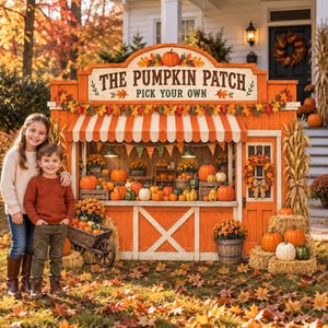 May include: A wooden pumpkin patch stand with an orange and white striped awning, featuring the text THE PUMPKIN PATCH PICK YOUR OWN. The stand is decorated with autumn leaves, corn stalks, and numerous pumpkins of various sizes and orange shades.