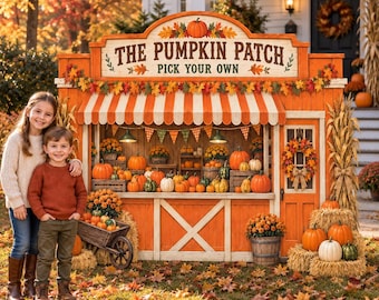 May include: A wooden pumpkin patch stand with an orange and white striped awning, featuring the text THE PUMPKIN PATCH PICK YOUR OWN. The stand is decorated with autumn leaves, corn stalks, and numerous pumpkins of various sizes and orange shades.