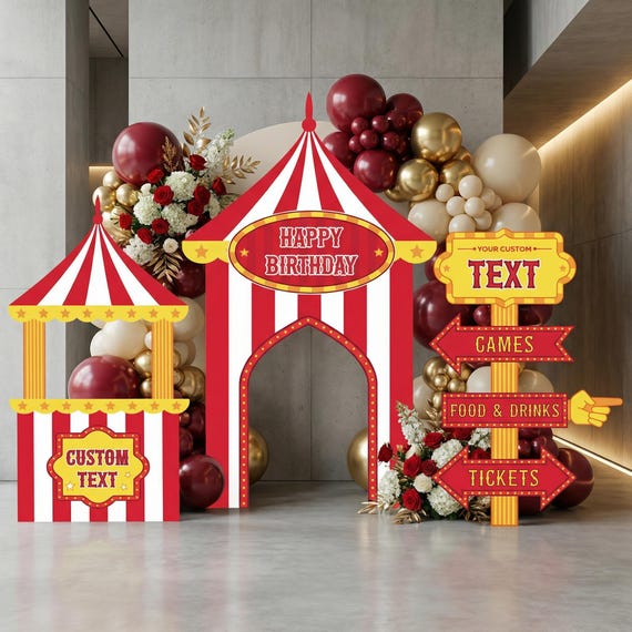 Red Circus Party Cutouts, Carnival Baby Shower, 1st Birthday Decor, Circus Tent, Photo Booth Frame, Custom Sign