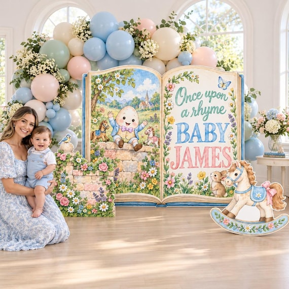 Once Upon a Rhyme Storybook Backdrop, Nursery Rhyme Open Book, Garden Wall Rocking Horse Cutouts, First Birthday Decor