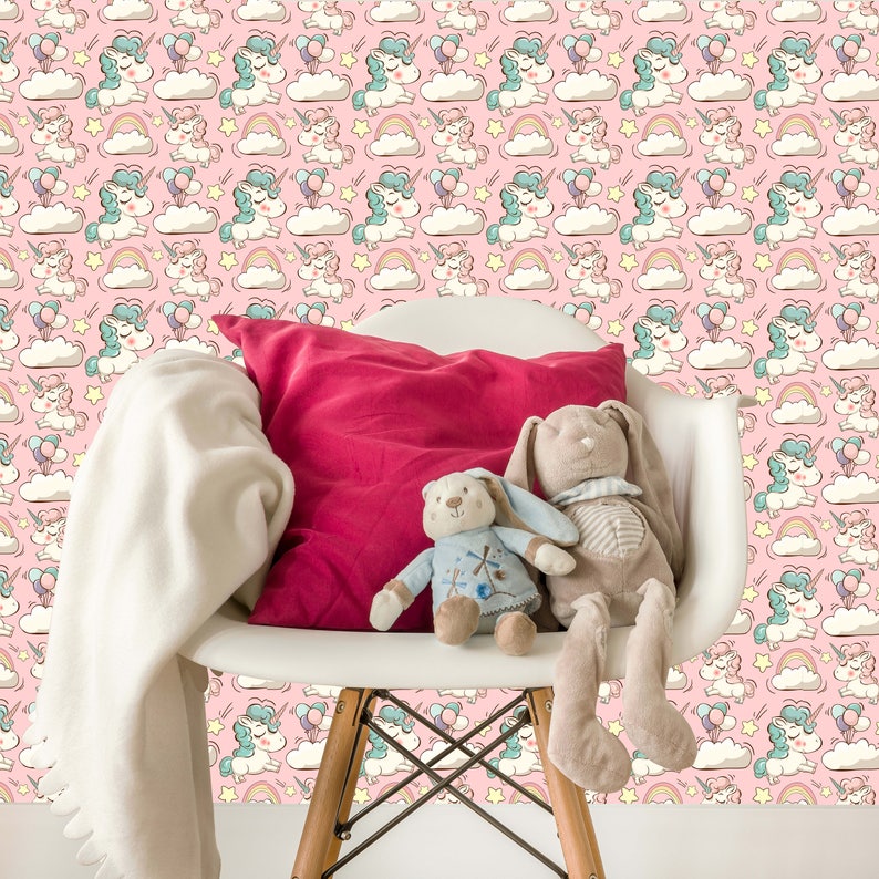Removable Nursery Wallpaper Mural Peel & Stick Cute Unicorns Etsy