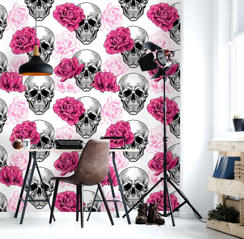 Removable Wallpaper Mural Peel & Stick Skull and Roses | Etsy