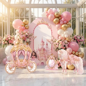 Décoration de princesse bébé rose, Shower de bébé livre d'histoires, toile de fond, 1e anniversaire, anniversaire de filles, panneau de bienvenue, château, carrosse de princesse, conte de fées