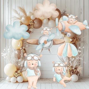 Ritagli per feste a forma di orso aviatore blu, decorazione per baby shower Time Flies, paracadute, decorazioni per aeroplani, centrotavola con fondale, accessori per feste, cartello da giardino