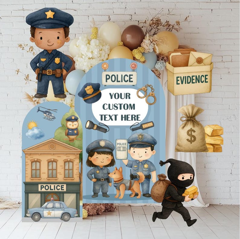 May include: A set of police-themed party decorations featuring cartoon illustrations of officers, a police station, a patrol car, a thief with gold bars, a money bag, and an evidence box. The central arch includes the text POLICE and YOUR CUSTOM TEXT HERE.