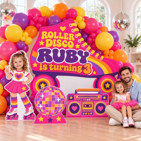 Roller Skate Birthday Backdrop, Roller Disco Party Decor, Photo Face Skater Standee, Disco Ball Cutout, Boombox Prop, Photo Booth