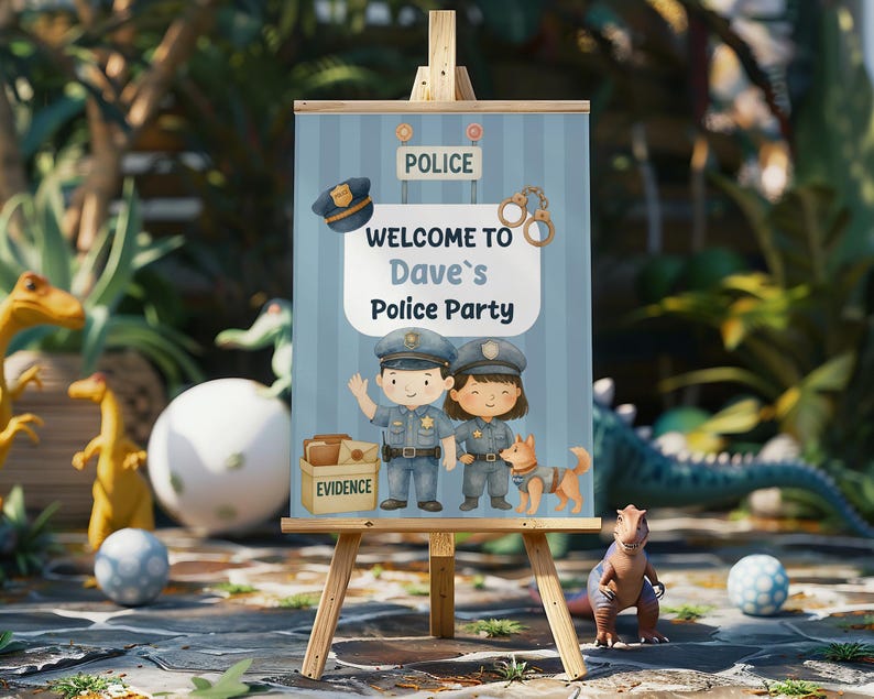 May include: A rectangular sign on a wooden easel featuring a blue striped background with the text "WELCOME TO Dave's Police Party". The design includes illustrations of two police officers, a police dog, a hat, handcuffs, and an evidence box.