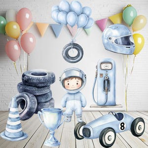 Recortes de autos de carrera azules, recortes de autos de carrera, Little Racer, decoración de cumpleaños Two 2 Fast, accesorios de autos antiguos, baby shower para niños, autos de Fórmula Uno