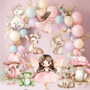 Decoración de primer cumpleaños de hadas, recorte, baby shower de jardín de hadas, decoración de cumpleaños de niña de hadas encantada, fiesta de cumpleaños con temática de hadas, fondo de hadas