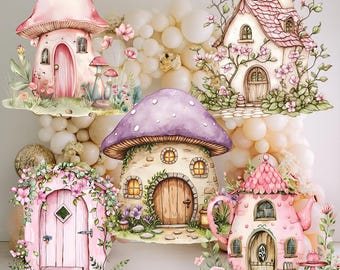 May include: A collection of five watercolour-style illustrations featuring whimsical dwellings: a pink mushroom house, a cottage with pink flowers, a purple mushroom house, a pink arched door with floral vines, and a pink teapot-shaped house.