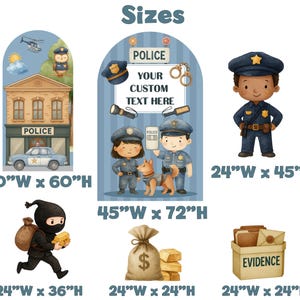 May include: A collection of police-themed wall decals featuring a station, officers, a police dog, a burglar, gold bars, and an evidence box. The central arch includes the text POLICE YOUR CUSTOM TEXT HERE. Dimensions are listed in inches for each item.