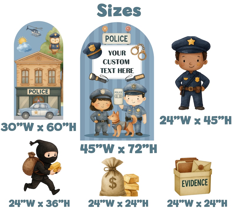 May include: A collection of police-themed wall decals featuring a station, officers, a police dog, a burglar, gold bars, and an evidence box. The central arch includes the text POLICE YOUR CUSTOM TEXT HERE. Dimensions are listed in inches for each item.