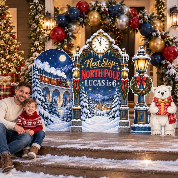 Next Stop North Pole Birthday Arch Set, Christmas Train Station Backdrop, Lamp Post Polar Bear Cutouts, Winter Birthday Decor