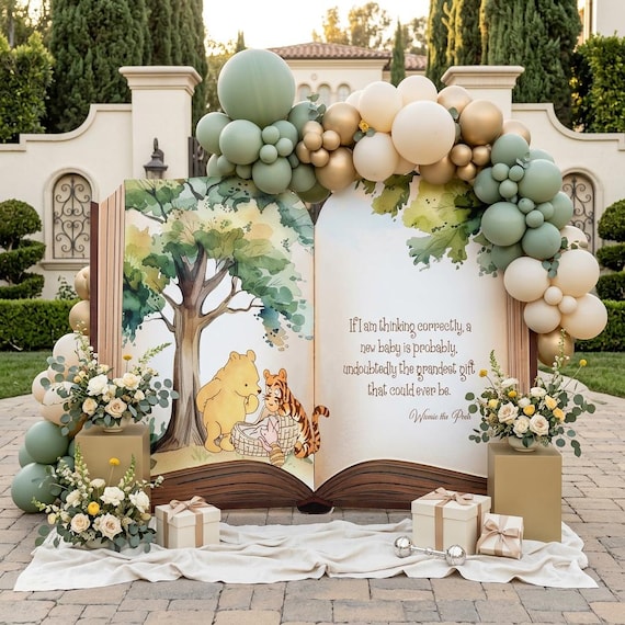 Classic Winnie the Pooh Backdrop, Storybook, Baby Shower Book, 1st Birthday Decor, Baby Announcement, Welcome Sign, New Baby