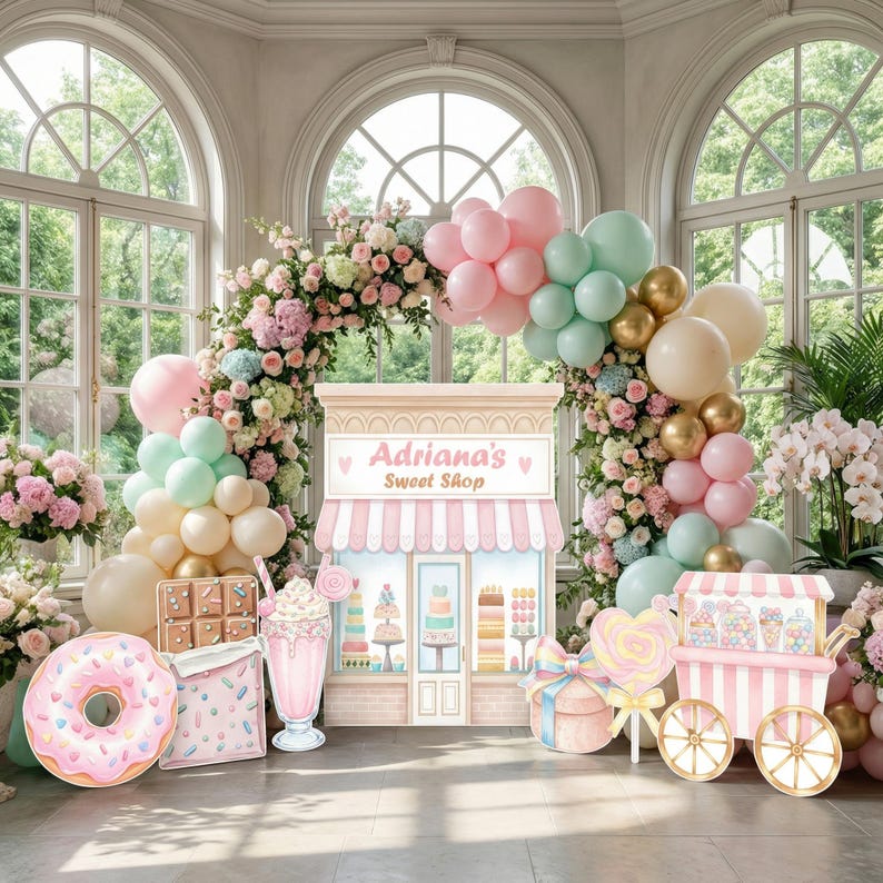 May include: A party decoration set featuring a central sign labeled Adriana's Sweet Shop, surrounded by pastel balloons and floral arches. Includes cutouts of a pink frosted donut, a chocolate bar, a milkshake, a gift box, and a candy cart.