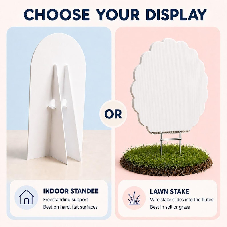 May include: Two display options labelled CHOOSE YOUR DISPLAY. Left: A white arched indoor standee with a freestanding support. Right: A white scalloped lawn sign with a metal wire stake inserted into the bottom flutes for outdoor ground placement.