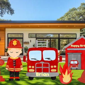 Fondo de bombero personalizado, letrero de jardín, fiesta temática de bomberos, centros de mesa con recortes, decoración para niños, camión de bomberos