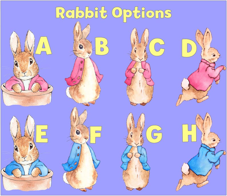 May include: Eight different illustrations of rabbits wearing different colored jackets. The rabbits are labeled with letters A through H. The background is a light purple color.