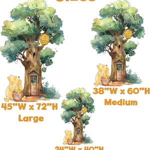 Puede incluir: Un conjunto de tres pegatinas de pared de Winnie the Pooh que muestran un &aacute;rbol con una colmena y una puerta, y un oso amarillo con un tarro de miel. Los tama&ntilde;os est&aacute;n etiquetados como Large 45"W x 72"H, Medium 38"W x 60"H y Small 24"W x 40"H.