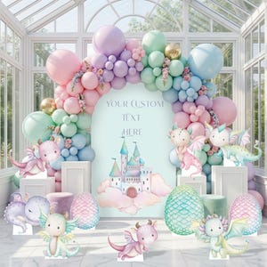 Wycinanki z pastelowymi smokami, dekoracje urodzinowe w stylu fantasy, rekwizyty ze smokami, fantazyjne dekoracje na baby shower w stylu fantasy, tabliczki z bajkami, bajki, magiczny zamek zdjęcie 1