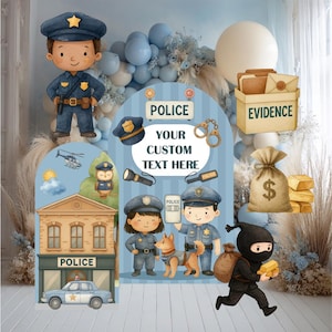 May include: A set of police-themed party decorations featuring illustrations of officers, a police station, a patrol car, a thief with gold bars, and a box labeled EVIDENCE. The central arch includes the text POLICE and YOUR CUSTOM TEXT HERE.