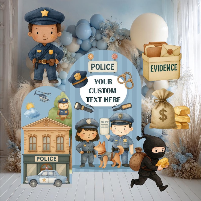 May include: A set of police-themed party decorations featuring illustrations of officers, a police station, a patrol car, a thief with gold bars, and a box labeled EVIDENCE. The central arch includes the text POLICE and YOUR CUSTOM TEXT HERE.