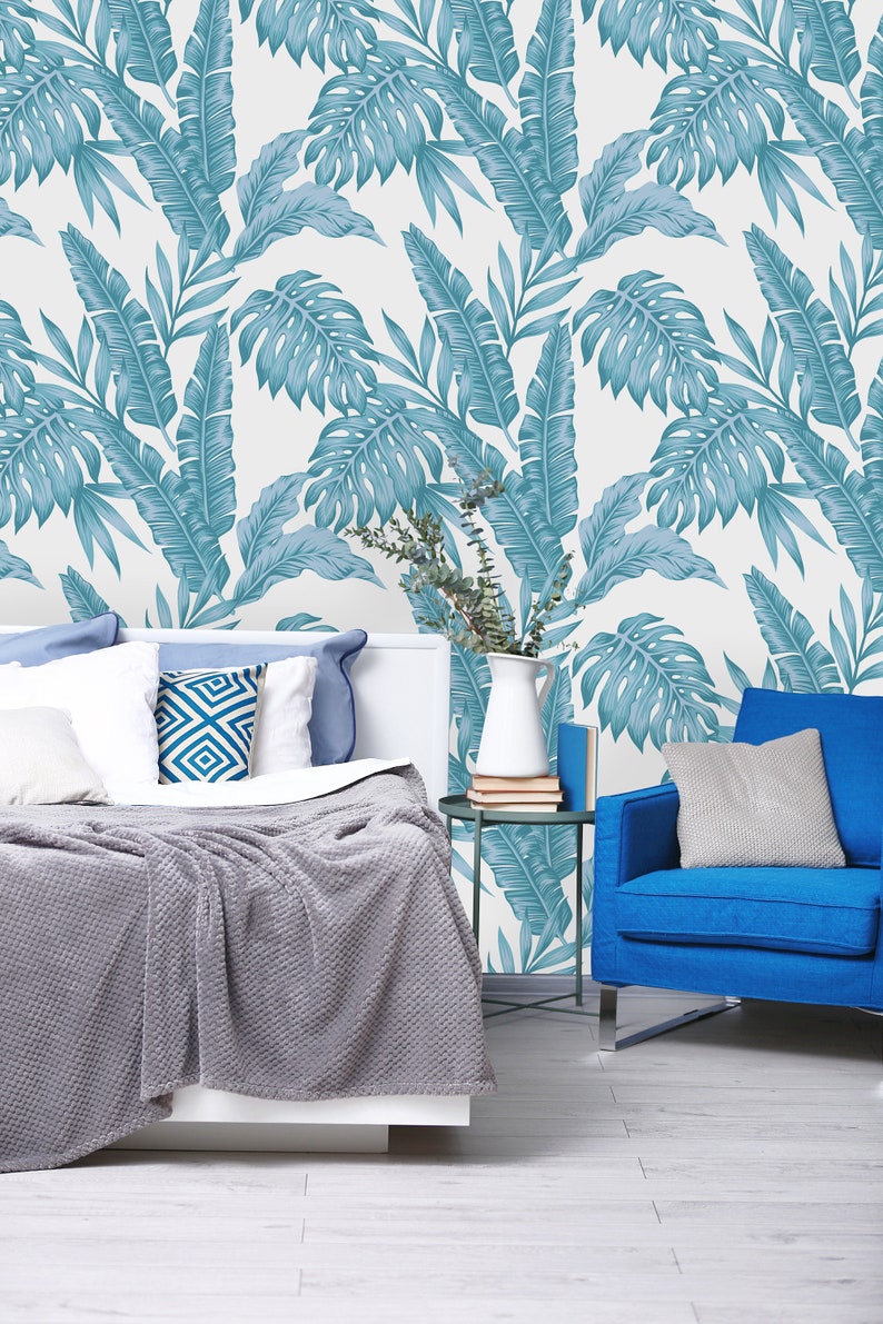 Removable Wallpaper Mural Peel & Stick Blue Tropical Leaves Etsy