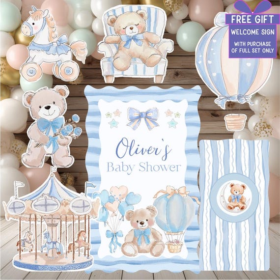 Blue Teddy Bear Cutouts, Boy Baby Shower Decoration, Hot Air Balloon, Backdrop, Welcome Sign, Lawn Sign, Carousel Horse