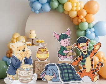 Winnie the Pooh Set 5 Cutouts, Blue, Green Plaid Baby Shower Decor, Backdrop, Baby Boy, Bear Props, 1st Birthday