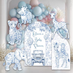 Blue Toile Safari Animals Cutouts, Chinoiserie Birthday Sign, Toile de Jouy Backdrop, Blue Safari Toile Baby Shower Decor, Safari Truck Prop