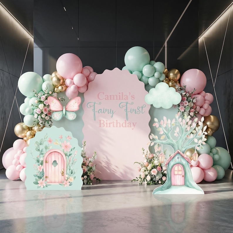 May include: A party backdrop set featuring a large pink scalloped sign with the text Camila's Fairy First Birthday, surrounded by pastel pink, mint green, and gold balloons, floral accents, a butterfly cutout, and two fairy house panels.