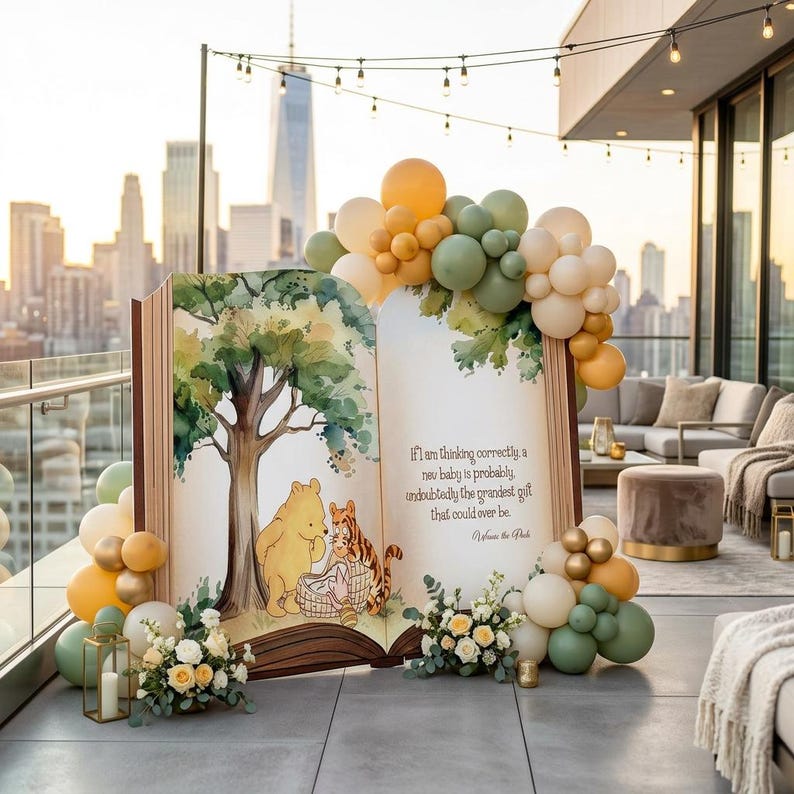 May include: A large open book-shaped display featuring watercolor illustrations of Winnie the Pooh and Tigger, with the text: If I am thinking correctly, a new baby is probably undoubtedly the grandest gift that could ever be. Winnie the Pooh.