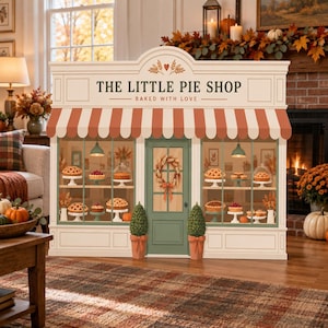May include: A decorative tabletop display shaped like a storefront titled THE LITTLE PIE SHOP BAKED WITH LOVE. The cream-colored structure features a striped orange awning, a green door with a wreath, and windows displaying various pies on stands.