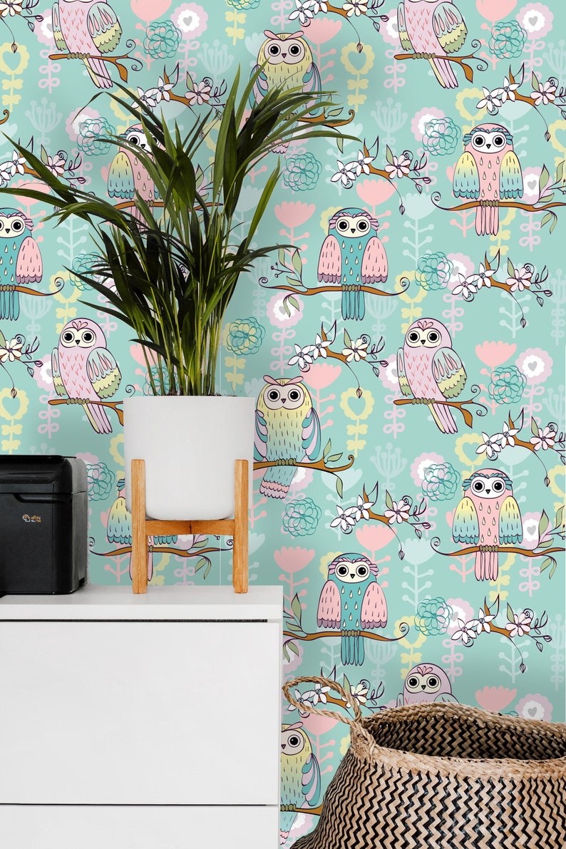 Removable Nursery Wallpaper Mural Peel & Stick Self Adhesive Wallpaper Owl Sitting on the