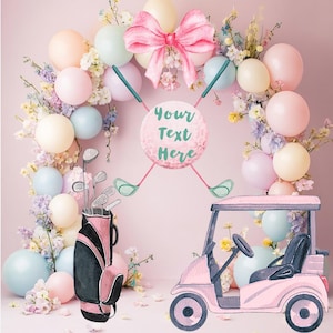 ピンクのゴルフカットアウト、リボンの誕生日デコレーション、ゴルフパーティー、カスタム小道具、ゴルフセット、ゴルフをテーマにしたパーティー、芝生の看板、ゴルフカート、女の子のゴルフベビーシャワー