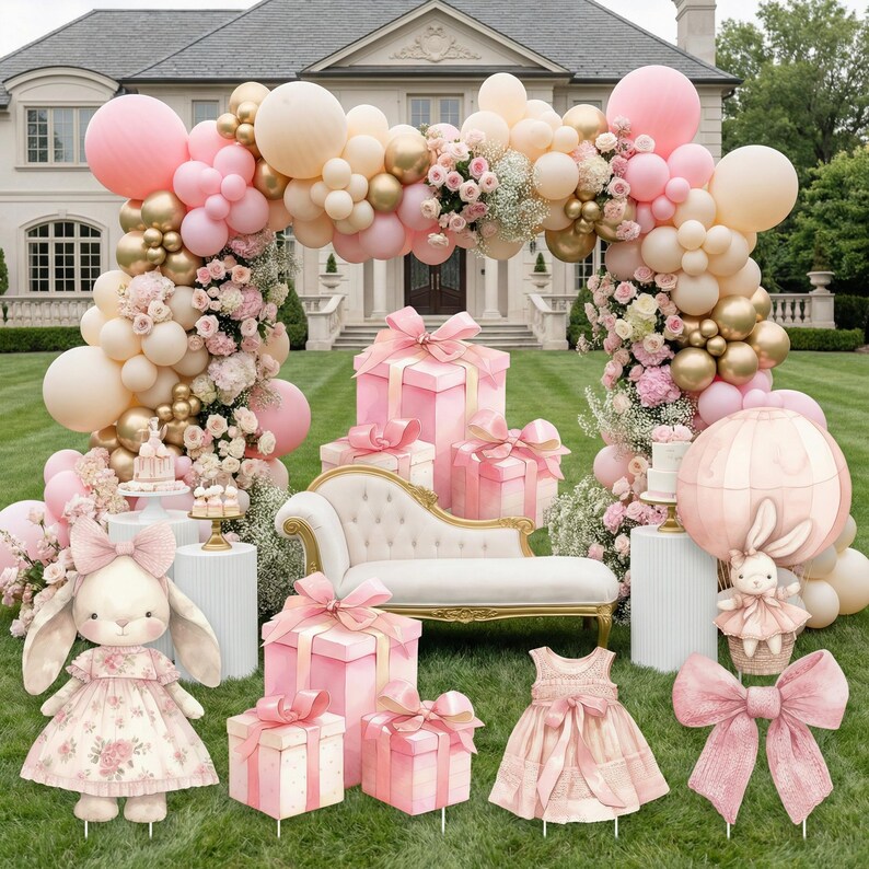 Pink Bunny Baby Shower, Cutout Standee, Personalized Baby Shower Decor, Stand Up Prop, First Birthday Backdrop, Air Balloon, Rabbit,Pink Bow image 3