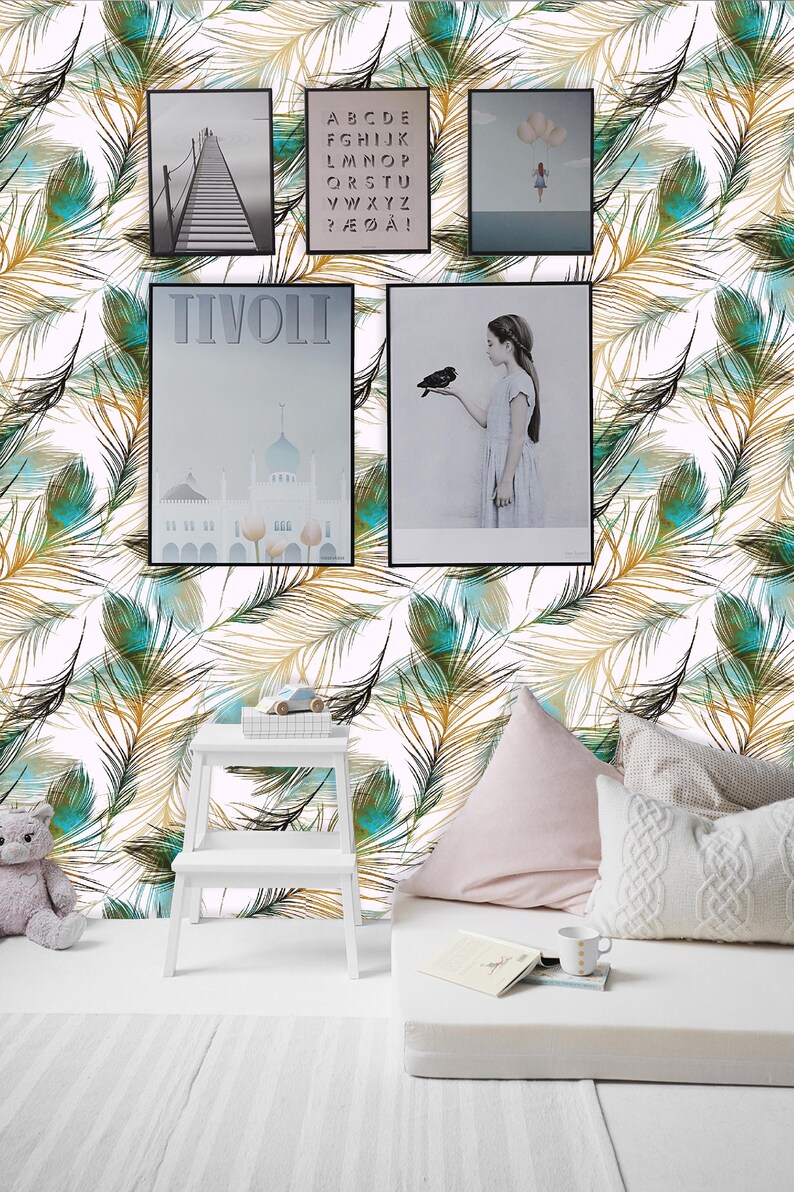 Removable Wallpaper Mural Peel /& Stick Peacock Feathers