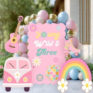 Recortes de cumpleaños geniales, Dos geniales, Uno genial, Accesorios de fiesta, Cuatro siempre jóvenes, Arcoíris, Fondo rosa, Baby Shower genial, Retro, Hippie