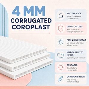 May include: Three stacked sheets of 4 mm white corrugated coroplast. The text highlights features: waterproof, long-lasting, fade and sun resistant, made and printed in USA, reusable, and lightweight and rigid. Each feature has a corresponding icon.