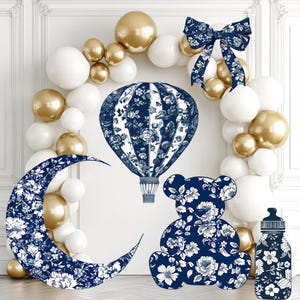 Blue Toile Baby Shower Decorations, Toile de Jouy Party Prop, It&#39;s a Boy Party Decor, Bow Baby Shower, Chinoiserie Hot Air Balloon, Cutouts