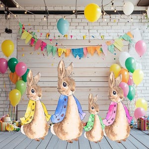 Decorazione ritagliata di Peter Rabbit, decorazione per baby shower a forma di coniglio, decorazione per fondale, arte per cartelli da giardino, decorazione da giardino, arte del coniglietto pasquale, picchetti da giardino a forma di coniglio
