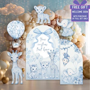 Blue Toile Safari Animals Cutouts, Chinoiserie, Welcome Sign, Toile de Jouy Backdrop, Blue Safari Toile Baby Shower Decor, Hot Air Balloon