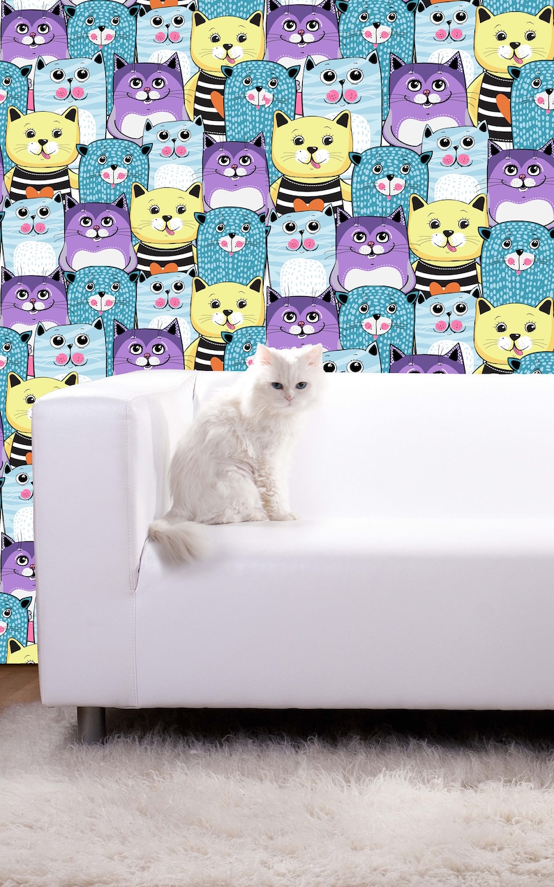 Removable Nursery Wallpaper Mural Peel & Stick Cute Cats - Etsy
