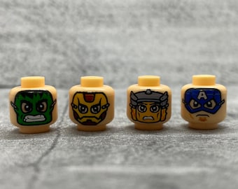 Máscara de superhéroe de Halloween personalizada (paquete de 4) - Cabeza para minifiguras / WdC01 / Minifigura NO incluida / Compatible con bloques de bricolaje