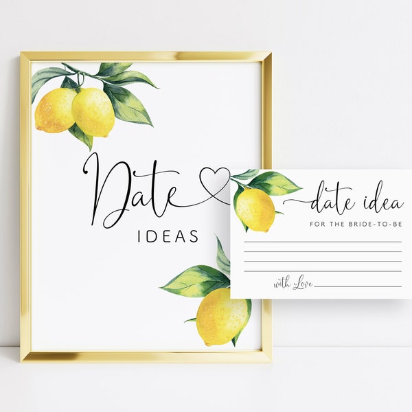 Printable Date Ideas Sign and Date Idea Cards, Date Night Sign, Date Night Ideas for the Bride, Lemon Bridal Shower Signs, Lemon Decor, 001