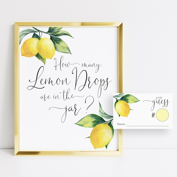 Printable "How Many Lemon Drops are in the Jar?" Game Sign, Lemon Bridal Shower Games, Lemon Signs, Summer Bridal Shower Decor, Citrus, 001
