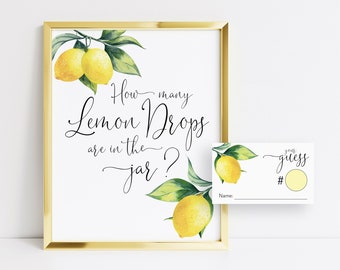 Printable "How Many Lemon Drops are in the Jar?" Game Sign, Lemon Bridal Shower Games, Lemon Signs, Summer Bridal Shower Decor, Citrus, 001